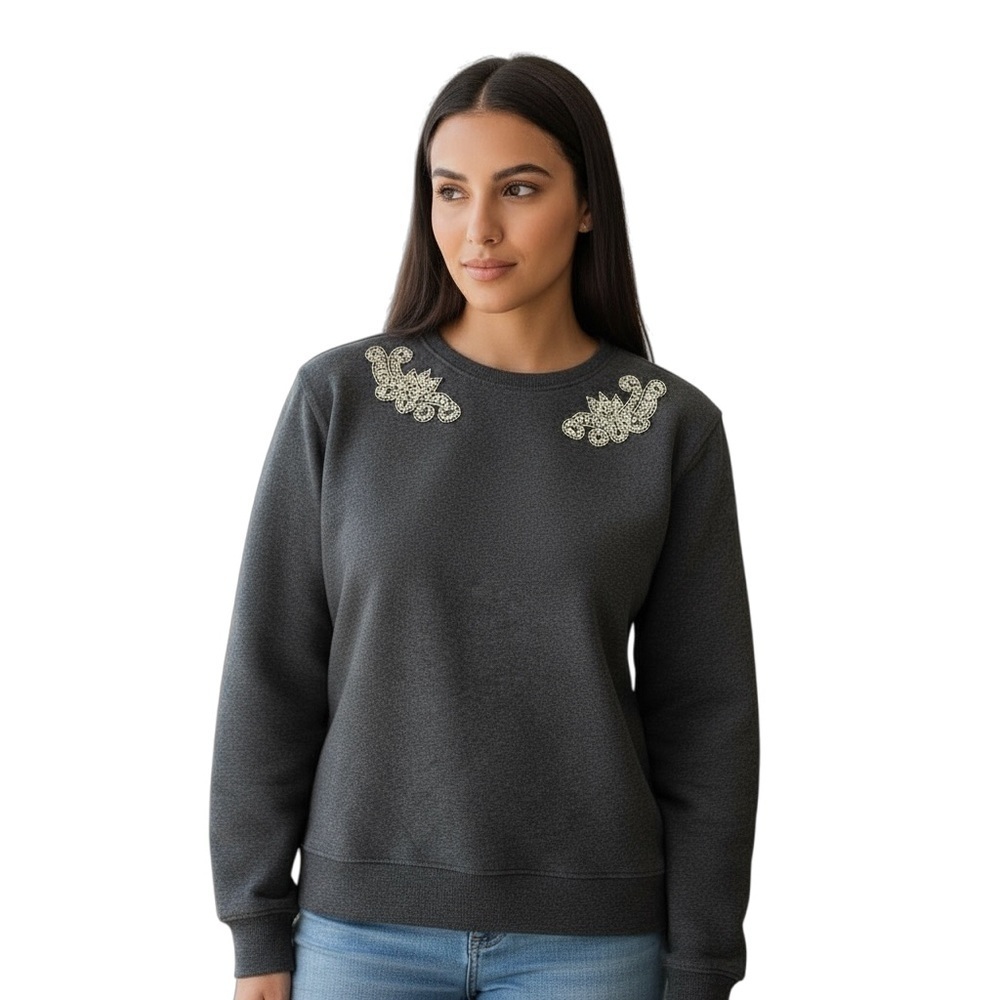 EXPRESS L Dark Gray Sweatshirt Crystal Embellishment R $79 NWOT - Picture 3 of 9